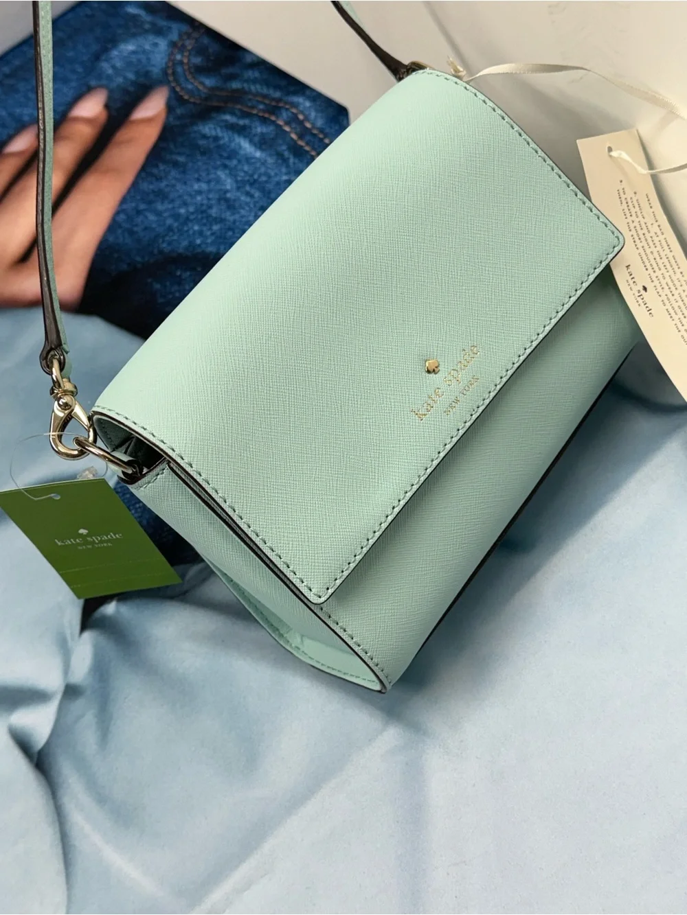 (new+tag) Kate Spade mint green saffiano leather crossbody bag grace blue